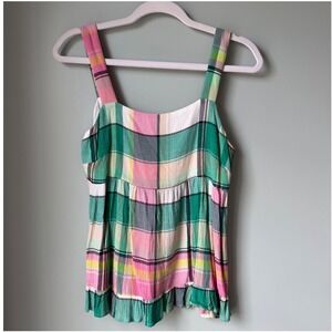 Loft Plaid Tie Back Peplum Cami Top Pink Green Flirty Feminine Picnic Size 4